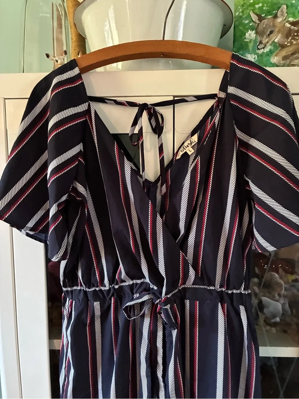 Blush sz L Striped Navy Wide-Leg Jumpsuit with Tie Waist like new!